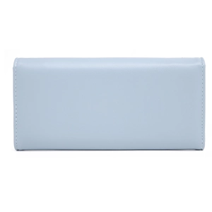 Minimalist light blue long wallet with elegant white stitching on premium leather material