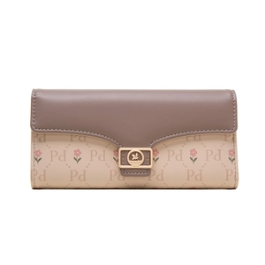 Detail of printed PU leather trifold wallet featuring golden buckle and leaf logo