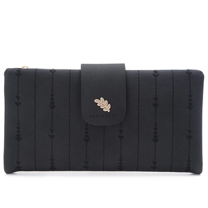 Long black PU leather tri-fold wallet for women with leaf buckle and stripe stitching