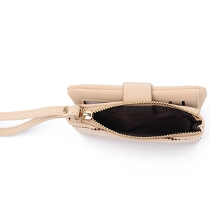 Detailed macro view of beige PU leather wallet featuring golden zipper and wrist strap