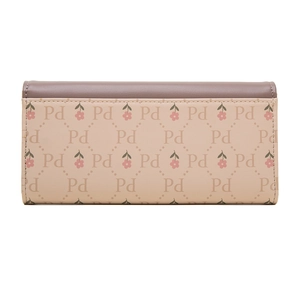 Long PU leather tri-fold wallet for women with pink floral print and button closure