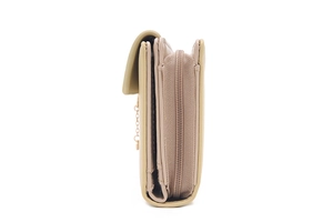 Detailed side view of khaki long trifold wallet with golden chain and zip compartment