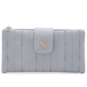 Greyish blue long PU leather leaf buckle tri-fold wallet for women with leaf pattern