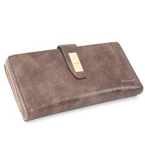 Portafoglio lungo da donna in pelle marrone con chiusura vintage e design a strati