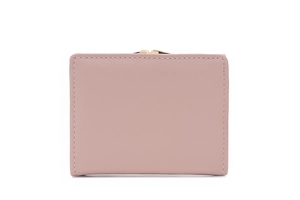 Short tri-fold pink wallet for women featuring a gold clasp and soft PU leather material