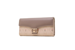 Close-up of trifold wallet with mauve leather flap, floral print and gold square clasp