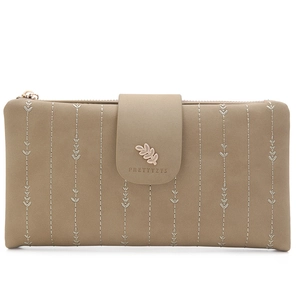 Detail of khaki PU leather wallet featuring leaf embroidery and golden metal clasp