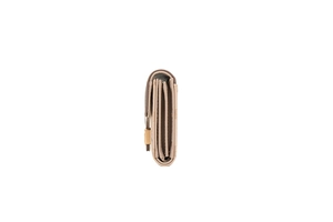Detail view of the trifold design and golden metal buckle on a beige printed PU leather wallet