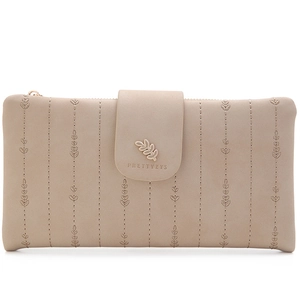 Close-up of beige leaf-patterned long purse with a gold metal leaf buckle and brand logo