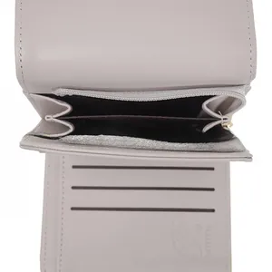Light gray tri-fold PU leather wallet detail showing zipper pocket and three card slots