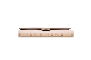 Detail of pink and taupe trifold wallet with floral print and gold metal clasp closure