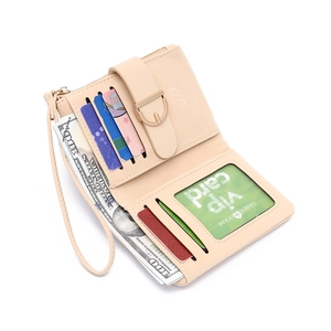 Detailed interior of a beige leather wallet with card slots, ID window and zipper pocket