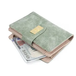 Portefeuille pliable en cuir PU vert vintage avec boucle dorée et fentes à billets