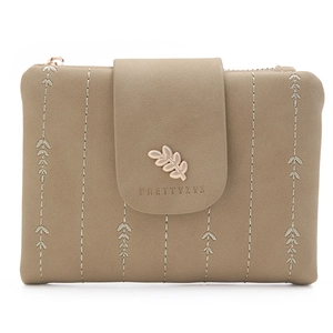 Short khaki foldover wallet for women with leaf embroidery and gold leaf metal logo