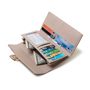 Pale pink PU leather trifold wallet with multiple card slots and gold buckle closure