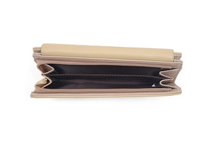 Internal view of the cream long wallet with purple lining and multiple compartments