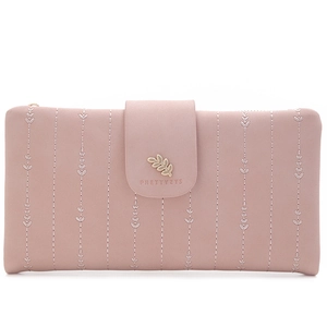 Morandi pink PU leather long wallet for women with leaf metal decor and vertical stitching