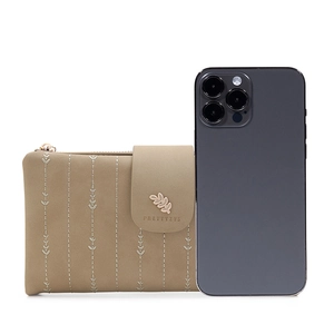 Women's long tri-fold wallet in khaki PU leather with leaf embroidery and snap closure