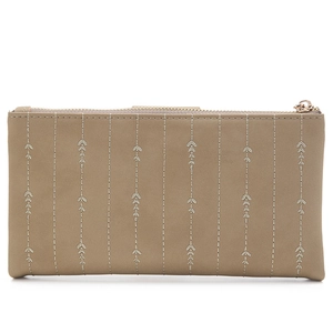 Long beige PU leather wallet with leaf embroidery and gold zipper closure for women