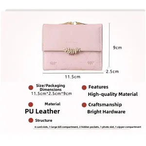 Detailed size and structure guide for pink PU leather trifold wallet with leaf hardware