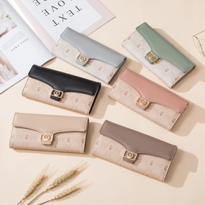 Long women's PU leather wallets in six colors with floral print and gold buckle