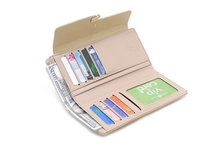 Detail view of tri-fold long wallet interior with card slots and clear ID window
