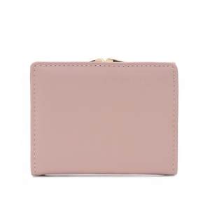 Short pink faux leather tri-fold wallet for women with golden metal clasp closure