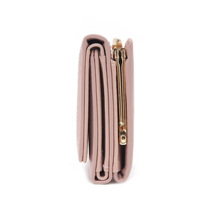 Women's pink tri-fold wallet with vintage metal kiss-lock closure and side view detail