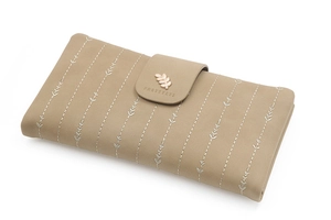 Close-up of khaki PU leather wallet with golden leaf buckle and stripe embroidery detail