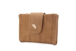 Close-up of brown PU leather folding wallet with gold leaf buckle and stitching details