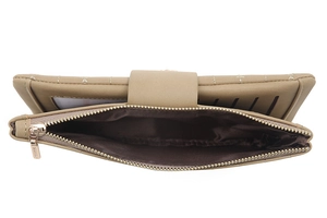 Detail view of khaki PU leather wallet with multiple card slots and secure zipper pocket