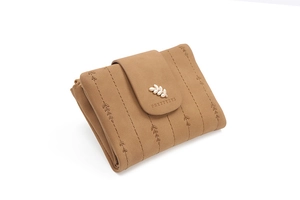 Detail of tan PU leather purse with gold leaf clasp and PRETTYZYS embossed logo
