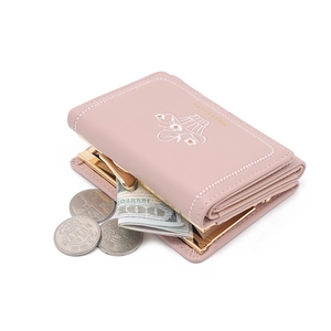 Pink PU leather tri-fold floral wallet with daisy embroidery and gold kiss-lock closure