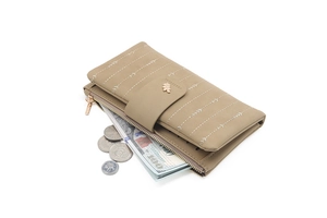 Macro view of khaki PU leather wallet with multiple card slots and leaf embroidery
