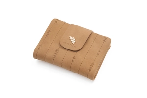 Close-up of brown PU leather short wallet with gold leaf buckle and vertical stitching