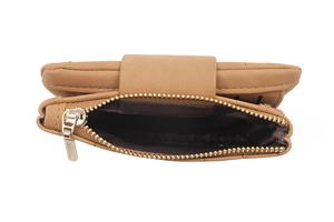 Detailed top view showing the metal zipper and PU leather texture of the khaki coin purse