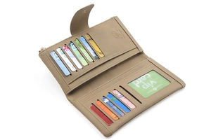 Detail of khaki PU leather long wallet showing 11 card slots and a clear ID window