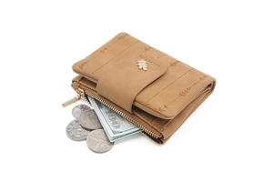 Detail view of khaki women's short wallet with leaf buckle and zipper coin pocket