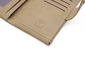 Detailed interior of khaki PU leather wallet showing card slots and logo
