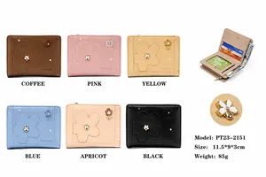 Short PU leather floral wallets in six colors with card slots and metal accents