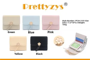 Detailed multi-color view of women's tri-fold wallets with floral pendant and card slots
