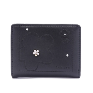 Close-up of black PU leather wallet featuring floral embroidery and white metal flower detail