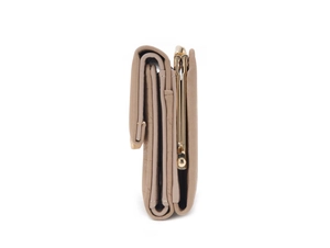 Side view of triple-fold gray leather wallet with vintage gold buckle and stitching details