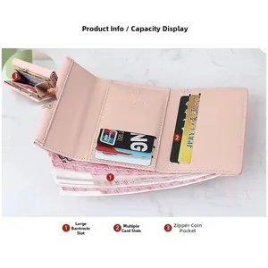 Detail view of pink trifold wallet interior with card slots and zipper coin pocket