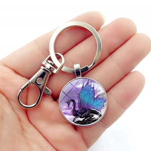Western Dragon Keychain Glass Cabochon Pendant Zinc Alloy Vintage Bronze Silver Key Ring Nebula Fantasy Bag Charm Gift