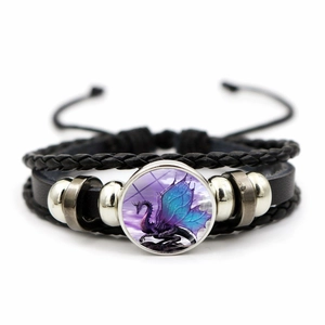 Retro Dragon Pattern Braided Leather Bracelet With Alloy Metal Beads And Glass Cabochon Fantasy Gothic Jewelry