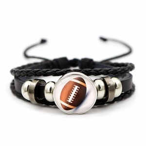 Bracciale rugby multistrato in pelle intrecciata regolabile con cupola in vetro sport