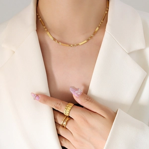 Hip hop style gold plated stainless steel jewelry set with geometric necklace and rings