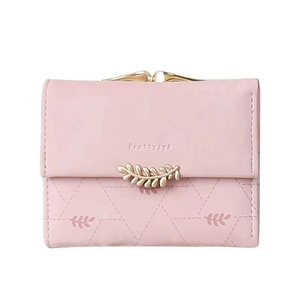Pink trifold wallet for women with matte faux leather and gold leaf buckle detail