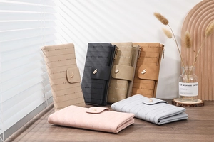 Long PU leather wallets for women with leaf metal buckle in six assorted pastel colors